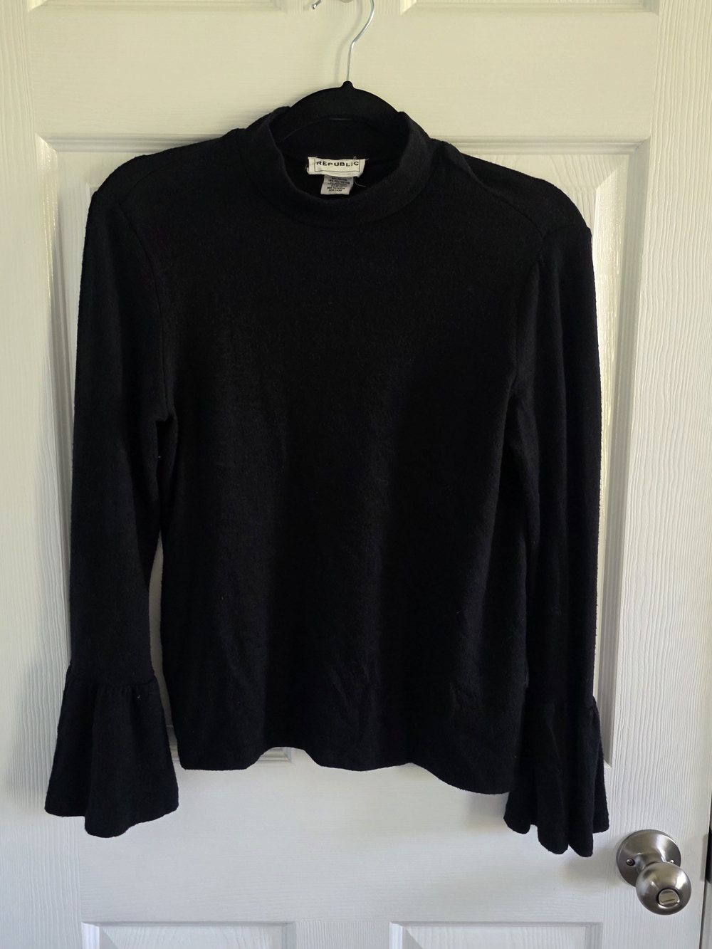 For The Republic Black Mock Neck Bell Sleeve Top